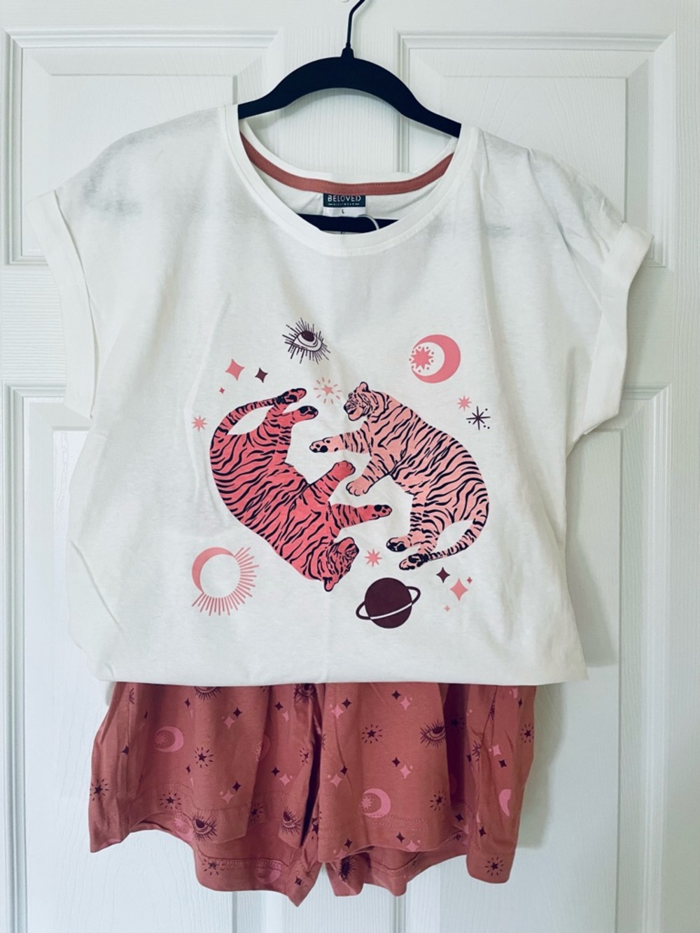 Beloved Celestial Tiger Pajama Set Graphic Tee Pink Shorts